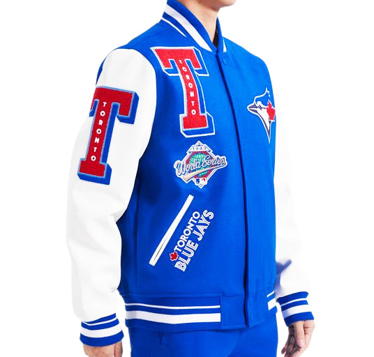 PRO STANDARD MEN'S MLB TORONTO BLUE JAYS 1993 WORLD SERIES MASH UP RIB WOOL ROYAL BLUE/ WHITE VARSITY JACKET